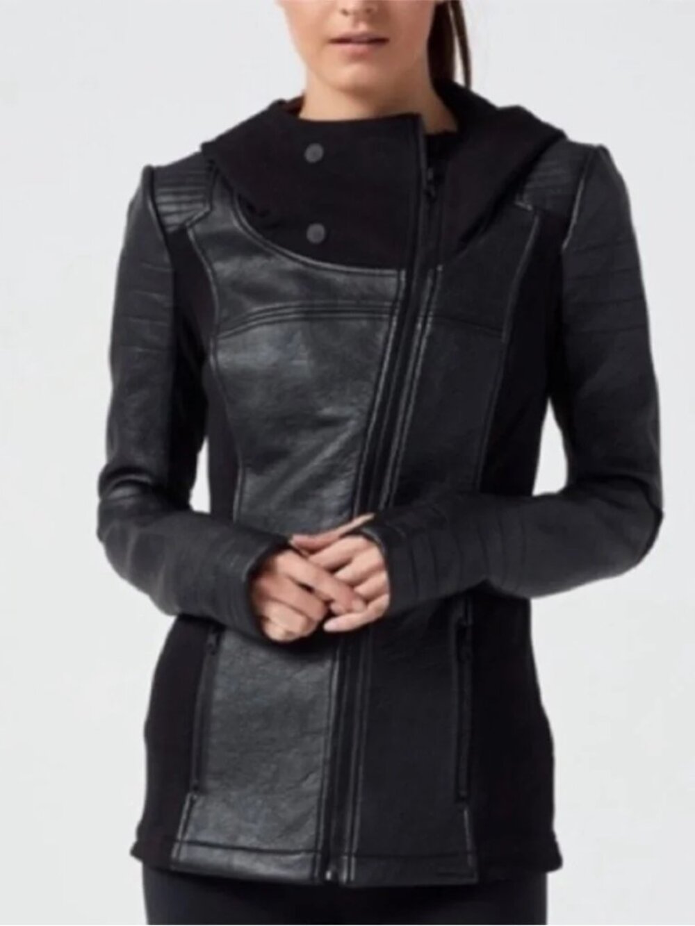 Blanc Noir Asymmetrical Hooded Terry Moto Jacket Black Large
